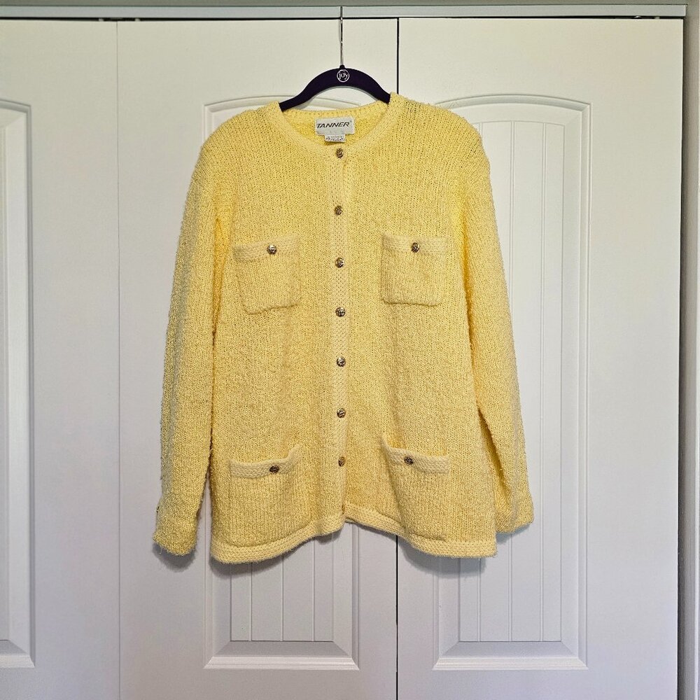 Vintage Tanner Cardigan Sweater Yellow Nubby Knit Gold Tone Buttons Size XL‎